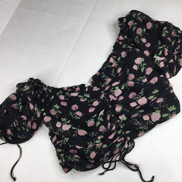 Cotton Candy Tops - Cotton Candy LA Floral Ruched Off Shoulder Short Sleeves Zip Tie Cropped Top L